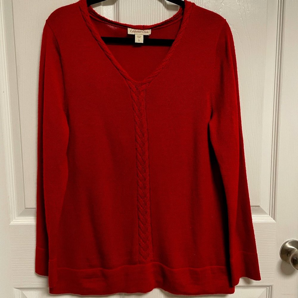 Coldwater Creek Red Sweater with Cable Knit Detail around the V Neck Size L (14)